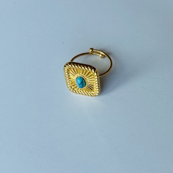Turquoise square adjustable open ring 18K gold plated, stainless steel - Picture 2 of 4